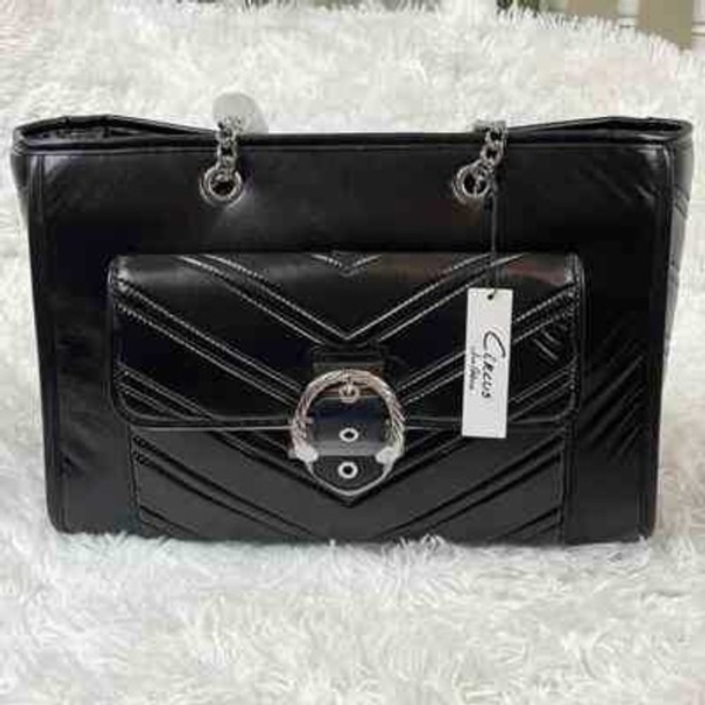 Circus by Sam Edelman Black Lg Tote Bag Purse Buckle Pocket Chain Strap/‎ #B001